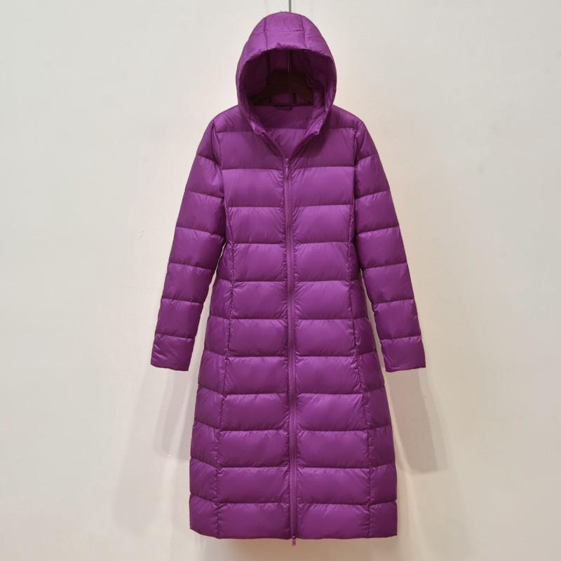 Womens Lightweight Long Down Coat With Hood Slim Fit Knee-Length Duck Jacket Winter