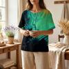 Women's Short Sleeve Linen Cotton Shirt Henley Button Neck Chest Pocket Casual Blouse with Artistic Print Pattern Lightweight Summer Top