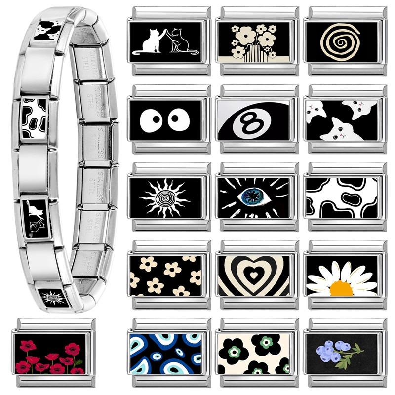 Neue Black Series NO.8 Ballaugen Blume Katze Italienische Glieder Anhänger Passend für 9mm Edelstahl Geschenk Modulares Armband Schmuckherstellung