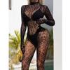 FASHION Sexy Leopard Pattern Mesh Clothing Perspective Sex Lingerie Bodysuit Tight Bodysuit Socks Long Sleeves Non Open Crotch Underwear