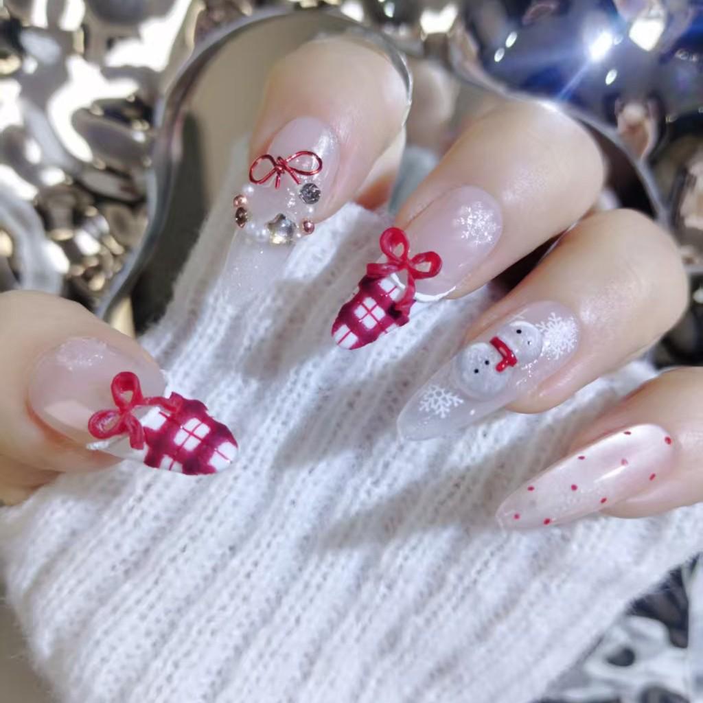 French Red Plaid Polka Dot Snowman Nail Art with Bow Medium