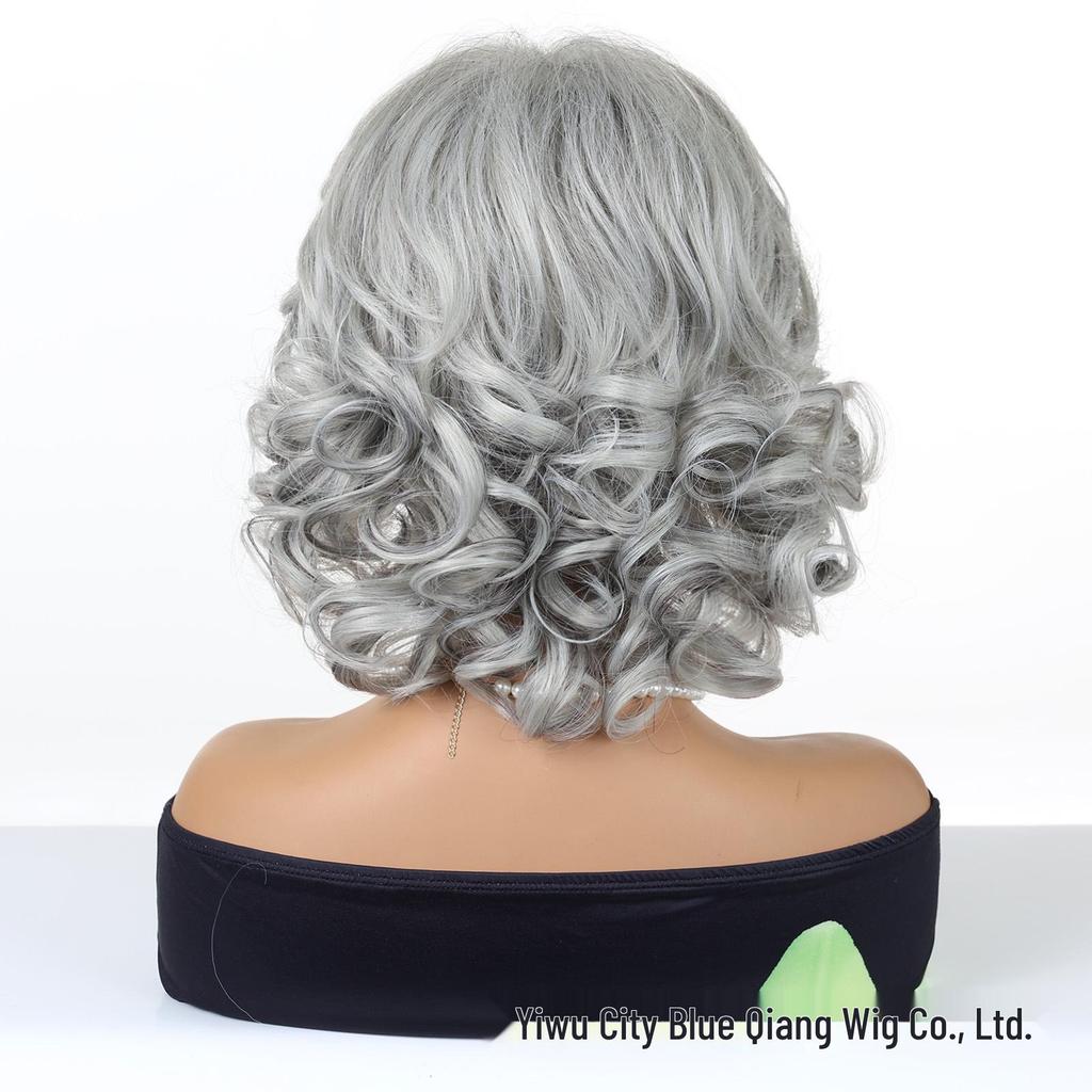 Elegant Silver-White Short Curly Wig for Women - Realistic Bobo Style for Middle-Aged and Elderly Ladies