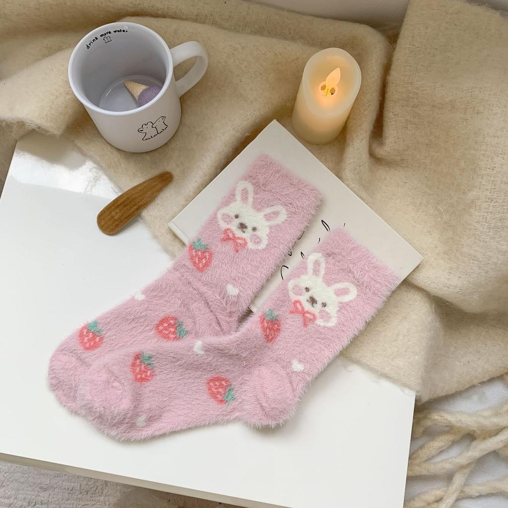 Pink Mink Fleece Socks Winter Thickening Comfortable Plush Mid Socks Thick Warm Cute Strawberry Bunny