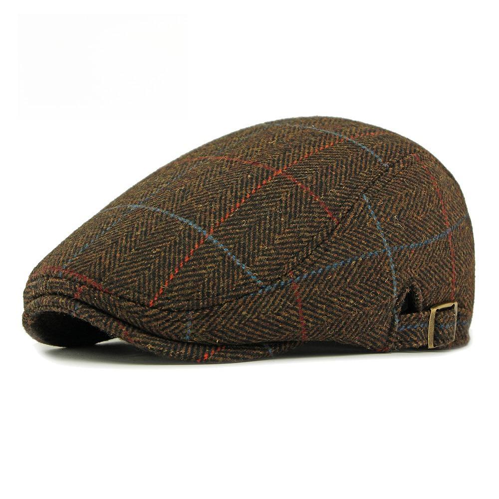 Men's Herringbone Plaid Woolen Flat Cap Fleece Lined Winter Warm Ivy Cap British Retro Gatsby Cabbie Hat Adjustable Strap