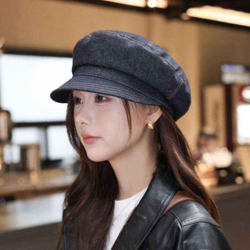 25 Early autumn new stitching dark denim newsboy hat children's high-quality face small soft brim newsboy hat tide