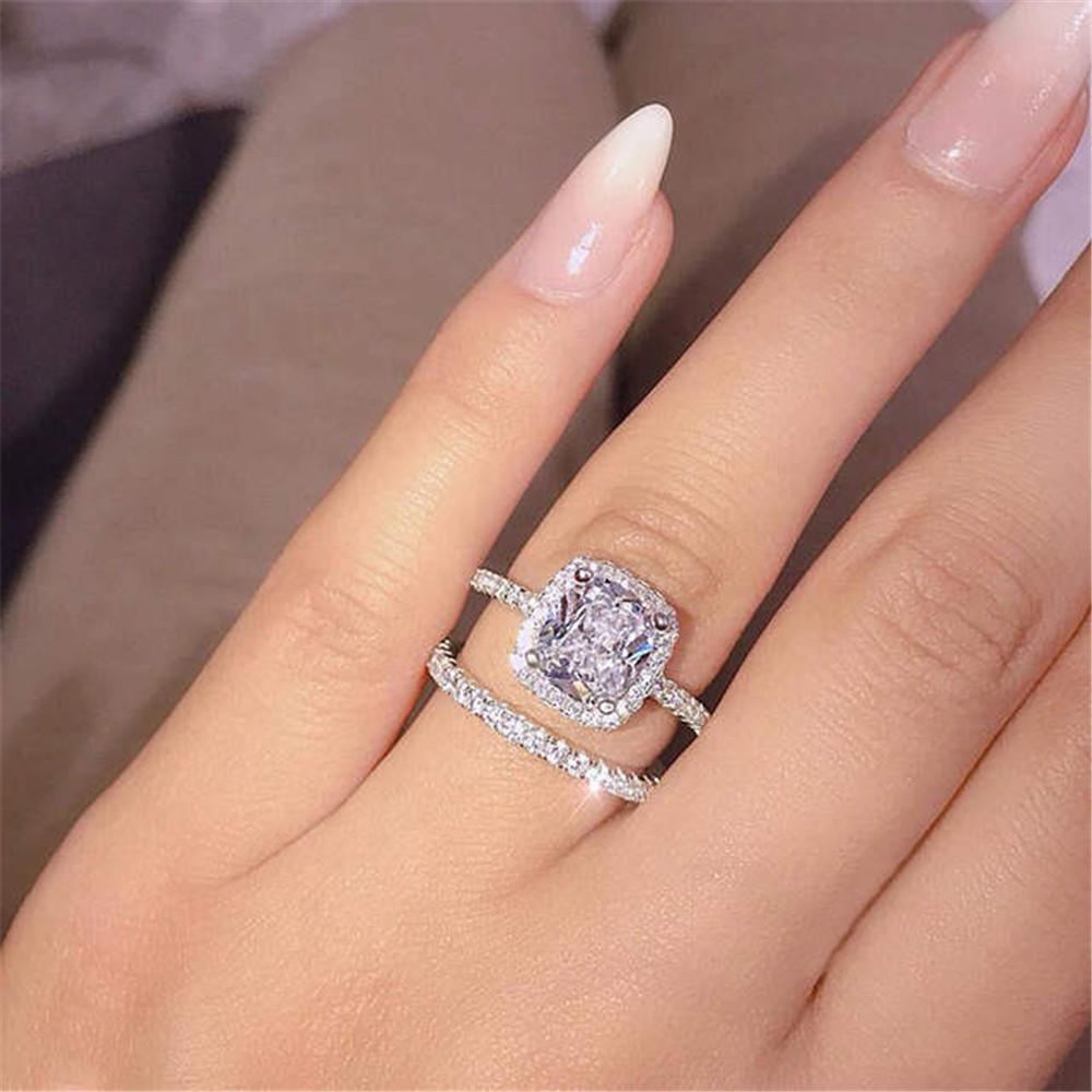 2pcs/Lot Classic Wedding Ring Set For Women White Square Zircon Trendy Engagement Silver Plated Jewelry Party Gift