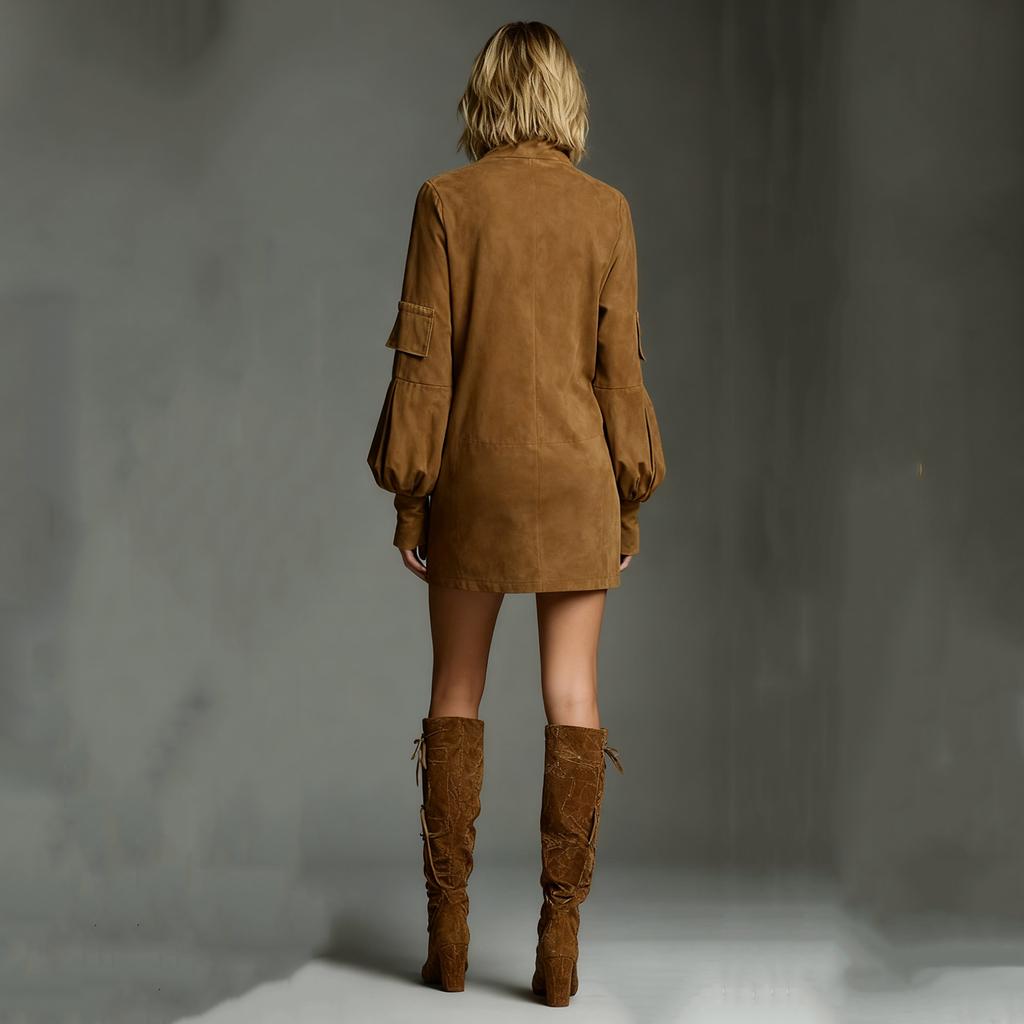 Women's High-neck Suede Short Dress, Color Long-sleeve Dress For Fall And Winter