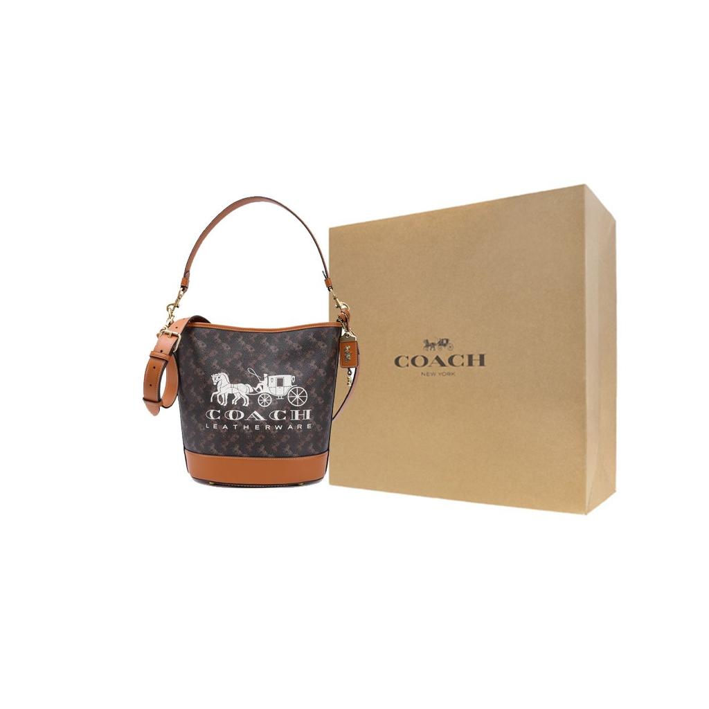 Coach Dakotah 34 Carriage Pattern Interior Zipper Pocket Coated Canvas With Fine Calfskin Bucket Bag Tote Shoulder Crossbody Bag Large CH733-B4TXN