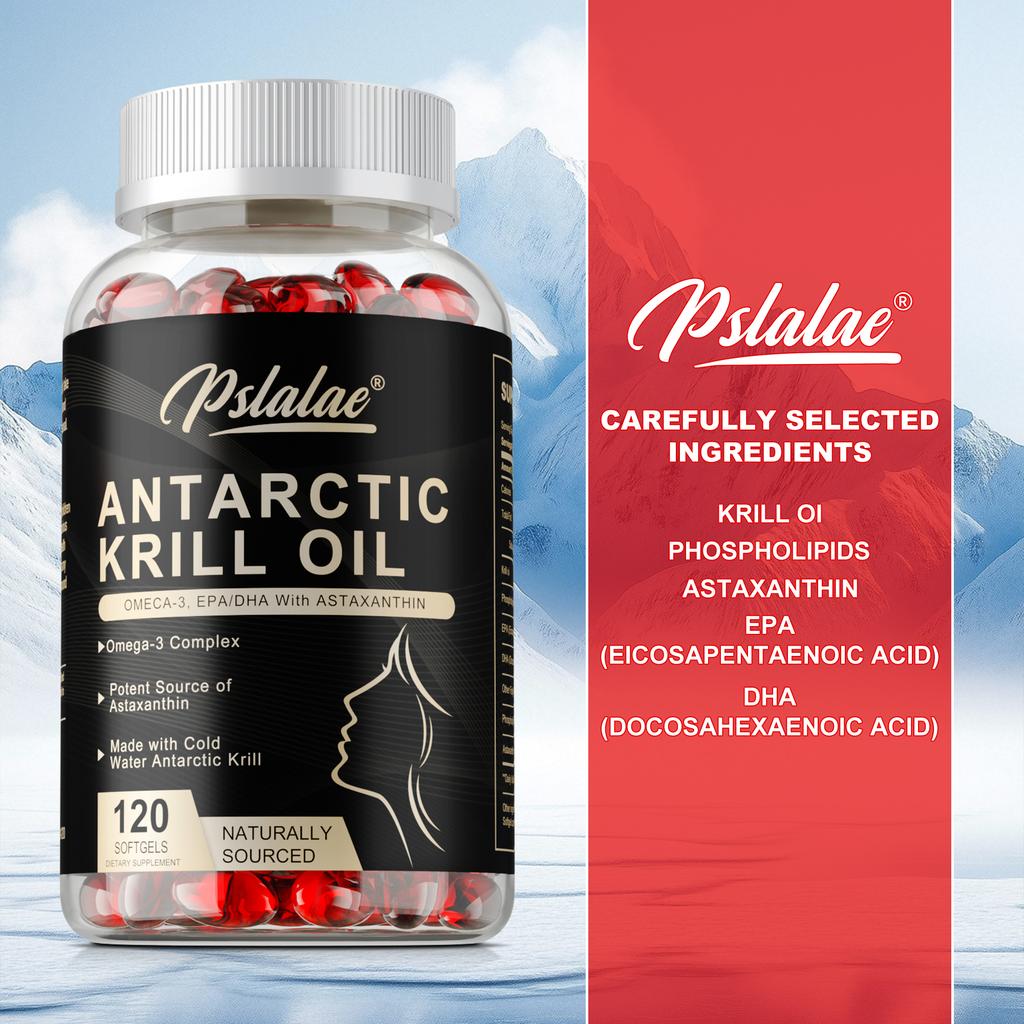 Antarctic Krill Oil Softgels, Omega-3 Supplement; contains EPA, DHA, phospholipids, and astaxanthin; suitable for adults.