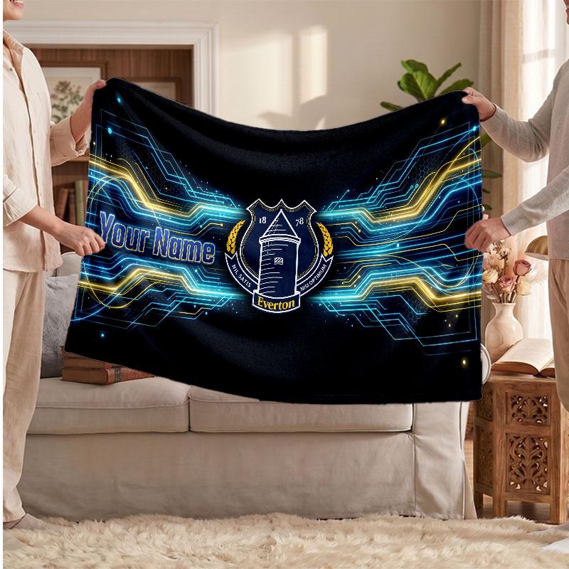 Everton FC Personalized Fleece Blanket With Football Logo, Custom Name Text Soft Warm Home Throw Blanket