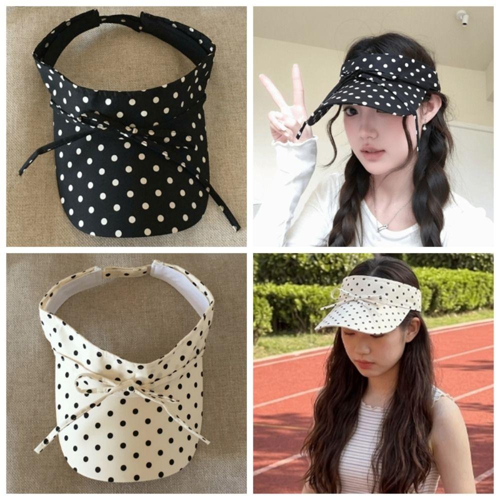 Ponytail Hat Polka Dot Sun Visor Breathable Adjustable Open Top Cap Wide Brim Washable Beach Hat Ladies