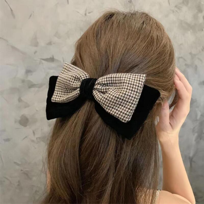 Houndstooth Ribbon Velvet Big Size Hairpin Automatic single