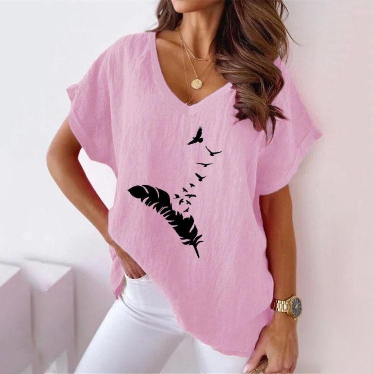 Women's Summer V-neck Batwing Sleeve Feather Print T-shirt
