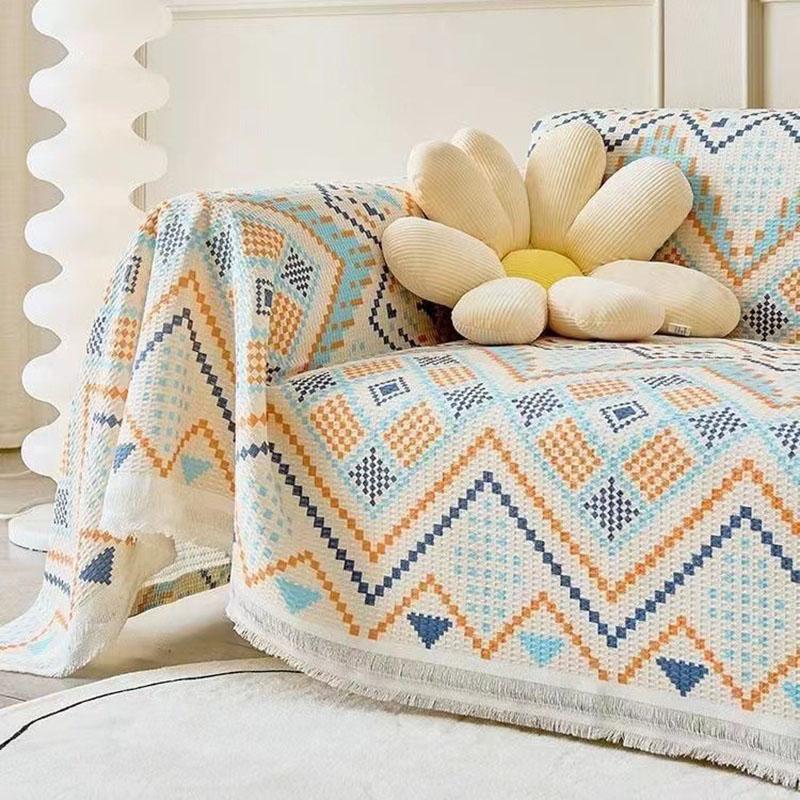 Böhmisches Gestreiftes Bedrucktes Sofa Handtuch Elegante Vollständige Abdeckung Couch Überwurf mit Quasten Haustierfreundliches Armlehnenhandtuch für Alle Jahreszeiten
