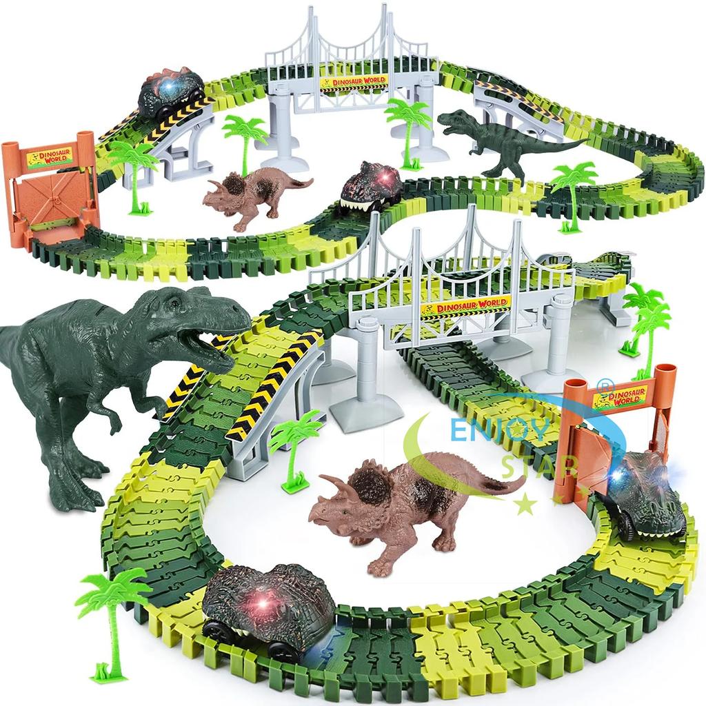 Non-Toxic 156Pcs Dinosaur Railway Car Track Toy Set Diy Assemble Road Race Set With Flexible Track Dinosaur Toys Bridge Ramps Toys For Kid