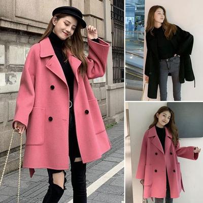 Fall Winter Women Woolen Jacket Thick Loose Turn-down Collar OL Commuting Jacket Double-breasted Mid Length Korean Style Overcoat Outerwear