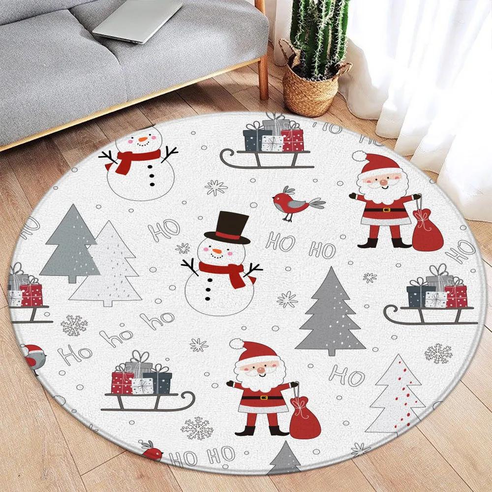 Cartoon Christmas Dinosaur Round Carpet Snowman Xmas Tree Cartoon Animal Kids Mat Home Living Room Bedroom Decorative Floor Rugs