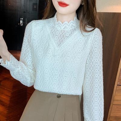 Women's New Style of Half Turtleneck Lace Base Shirt with Velvet Inner Tucked Collar and Slim Body