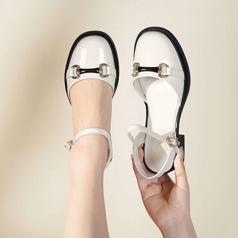 2025 new summer bag head sandals women's thick heel medium heel patent leather women's shoes summer single shoes soft sole hollow shoes