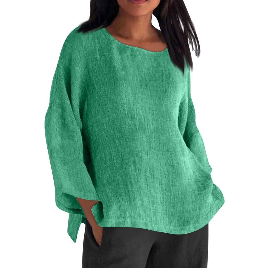 Long Sleeved Round Neck Solid Color Top Cotton and Linen Women’s Blouses & Shirts