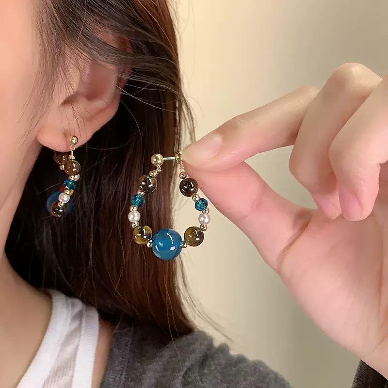Vintage Colorful Round Beaded Hoop Earrings for Women Ladies Ethnic Style Stones Bead Pendant Earrings Party Jewelry Accessories