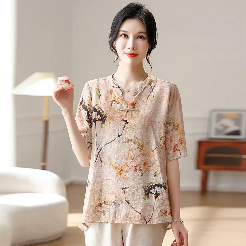 Women's Linen Floral Print Blouse Casual V-neck Half Sleeve Loose Fit Retro Chinese Style Top