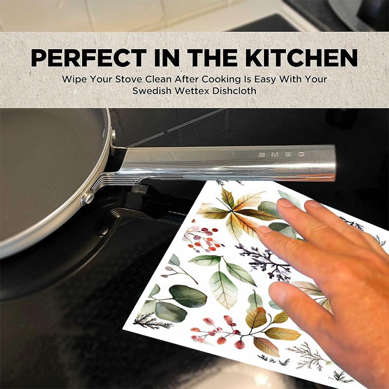 6PCS Leaves Flowers Print Swedish Dishcloths Eco-Friendly Kitchen Rags Absorbent Dish Towels Reusable Washable Cleaning Cloths