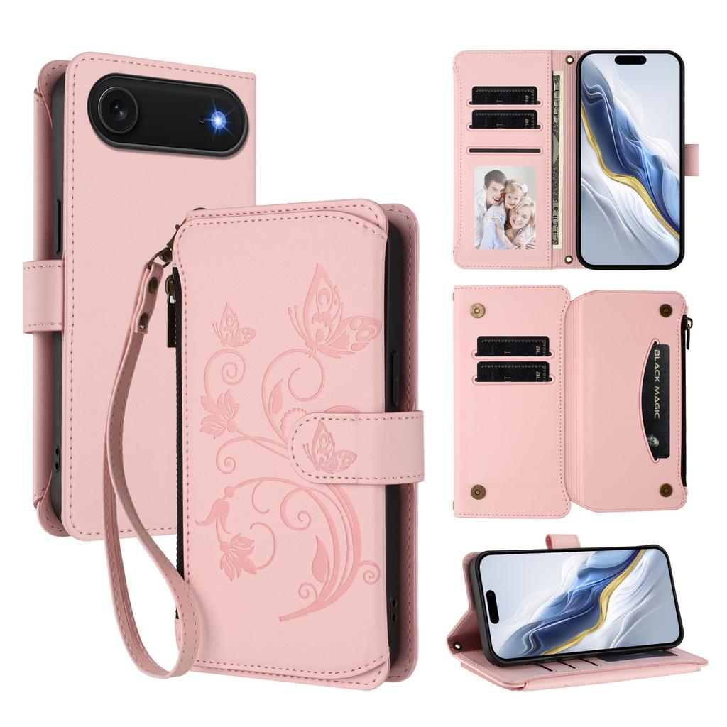 For iPhone 17 Air Leather Case Butterfly Floral Imprint Zipper Wallet Stand Cover with Wrist Strap