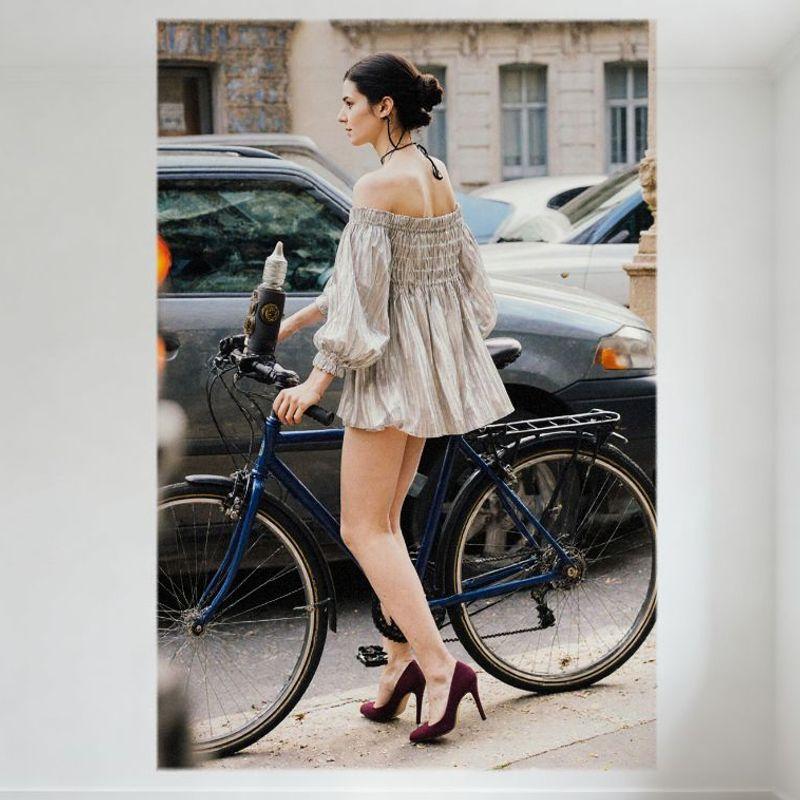 Sexy Dark - Haired Woman In Ruffled Off - Shoulder Dress Maroon Heels by Blue Bicycle Urban Scene Vintage Tin Sign Metal Poster