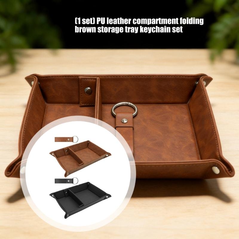 Sectioned Catchall Tray in PU Leather, Snap-Open Storage Design with Stitched Edging and Key Loop for Dresser Use
