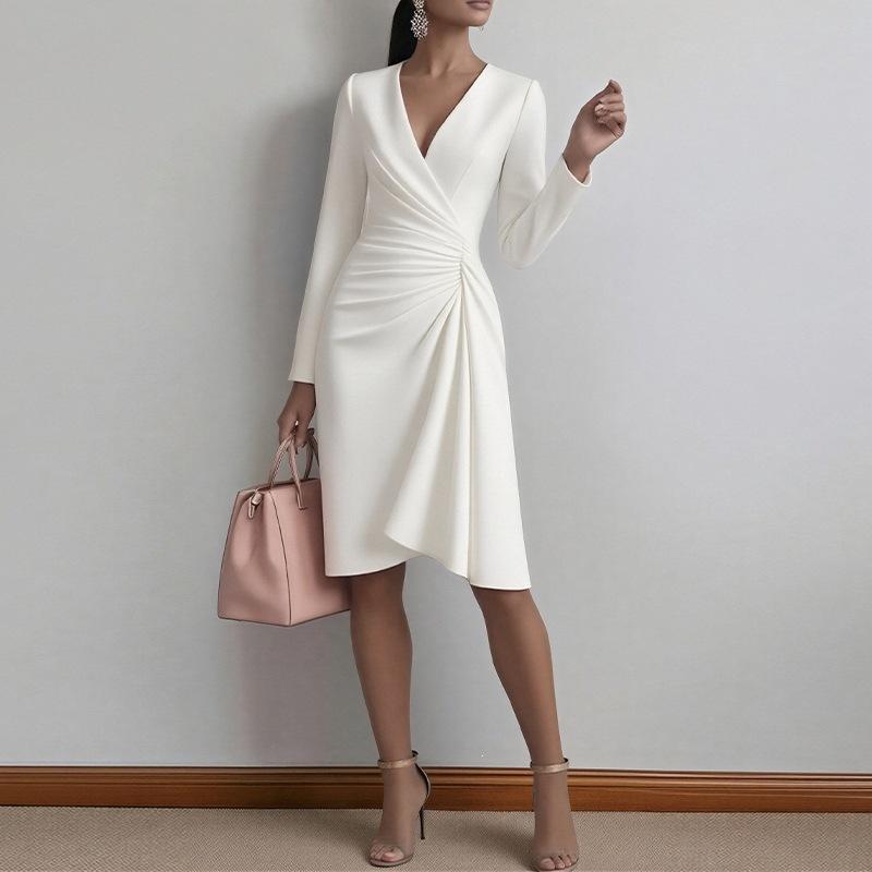 Spring new, European and American women s clothing, fashionable and elegant solid color v-neck pleated slim dress S белый