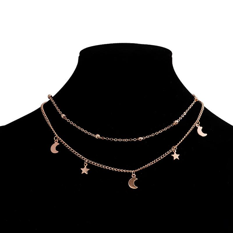 Einfache Doppelschicht-Choker-Halskette für Damen, modisch, kurze Anhänger, Mond, Stern, Schlüsselbein-Halskette, französischer Alltagsschmuck