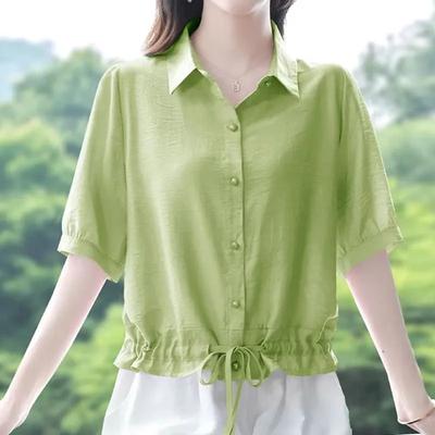 Women's Summer Solid Color Design Temperament Shirt, Comfortable and Casual Short Sleeved Lapel Top
