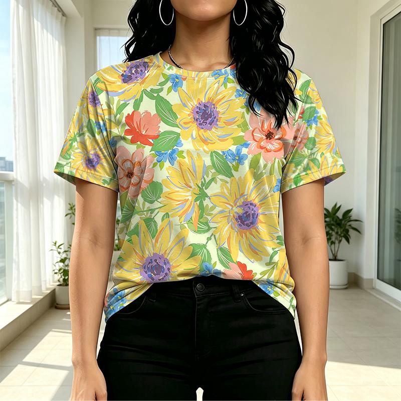 Women's Ins Style Colorful Floral Short Sleeve Top - Soft Fabric Loose Fit Casual Versatile Daily T-Shirt