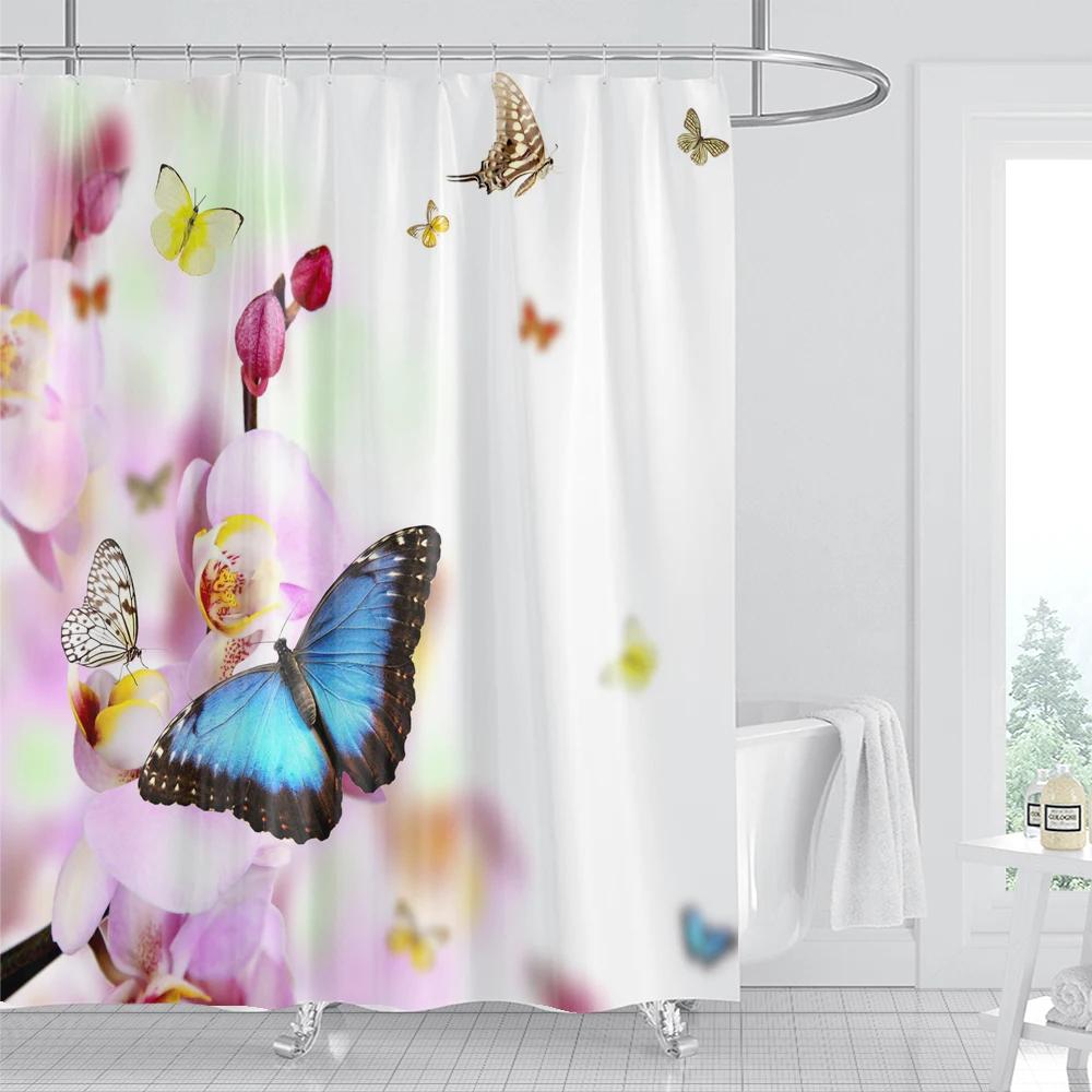 1Pcs Fresh Flowers Style Waterproof Shower Curtain, Blue Butterfly Of Flower Bathroom Decoration Curtain, With Plastic Hooks