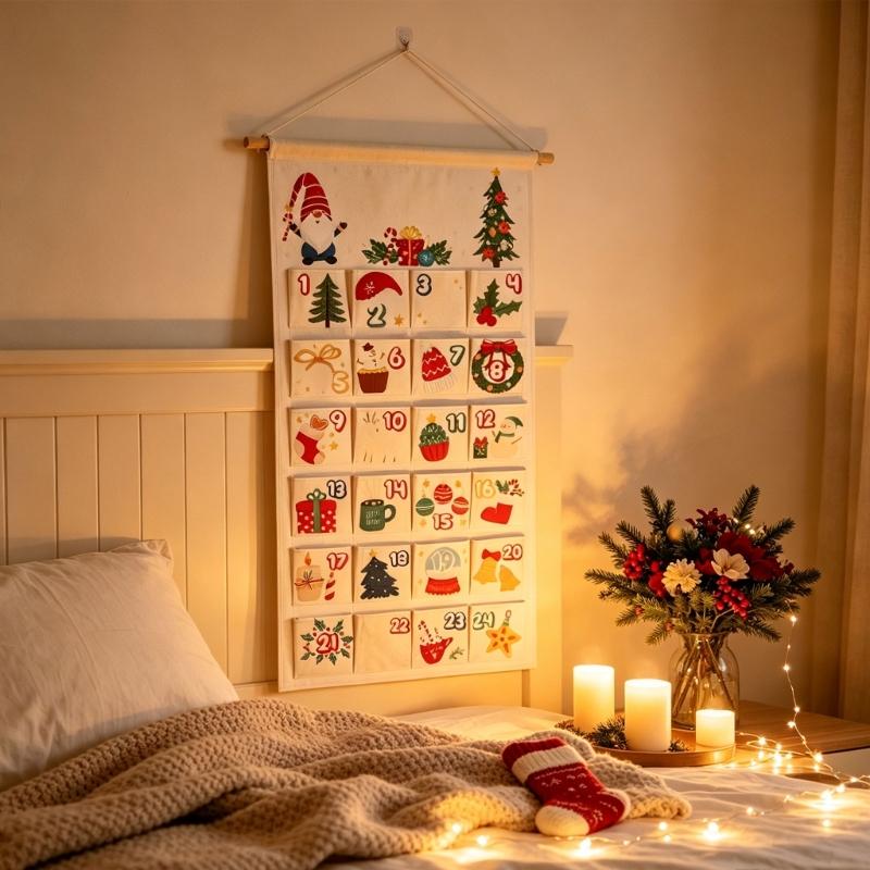 Hanging Christmas Advent Calendar with 24 Fillable Compartments, Fabric Wall Advent Ornament for Daily Surprises Across Homes or Classrooms