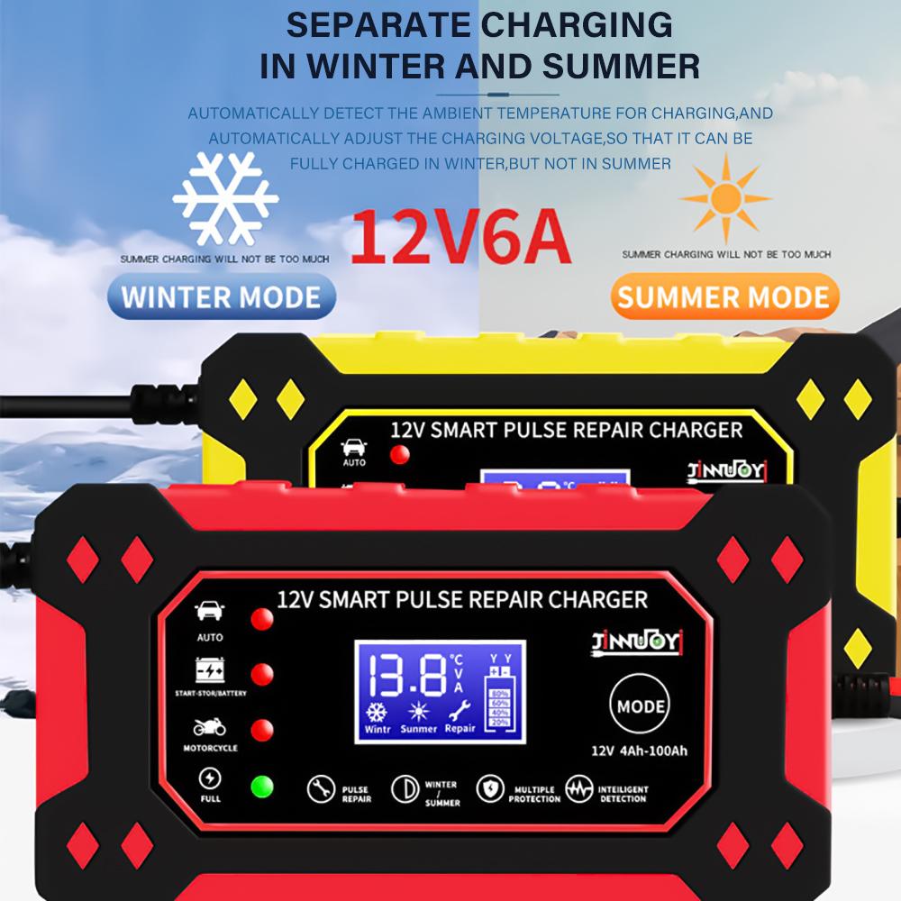 6A 12V Car Battery Charger Pulse Repair LCD Display Smart Fast Charge AGM Deep Cycle GEL Lead-Acid Charger for Auto Motorcycle