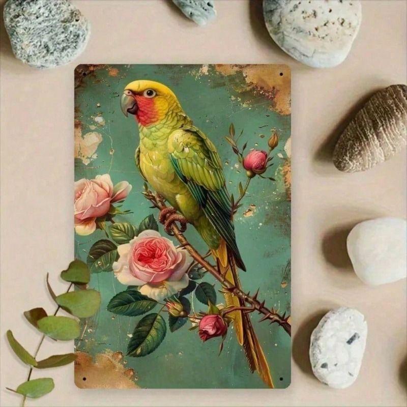 Vintage Metal Sign Green Parrot 20x30cm Retro Tin Plaque for Home Cafe Garden Decor