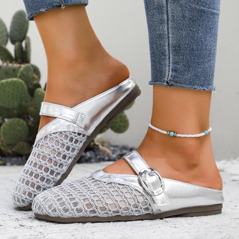 

Fashion Fashion 2025 Closed Toe Women s Slippers New Brand Outdoor Casual Belt Buckle Sewing Light Comfortable Best Seller Flat Slippers 35 серебряный