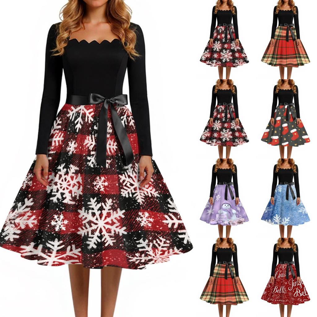 Women's Casual Retro Square Neck Dress with Halloween Print for Party and Daily Wear