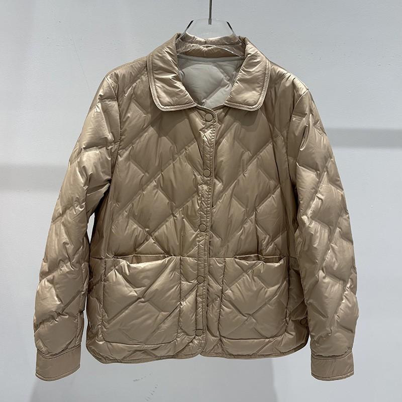 Womens Lightweight Reversible Duck Down Puffer Jacket With Stand Collar Quilted Short Coat Winter