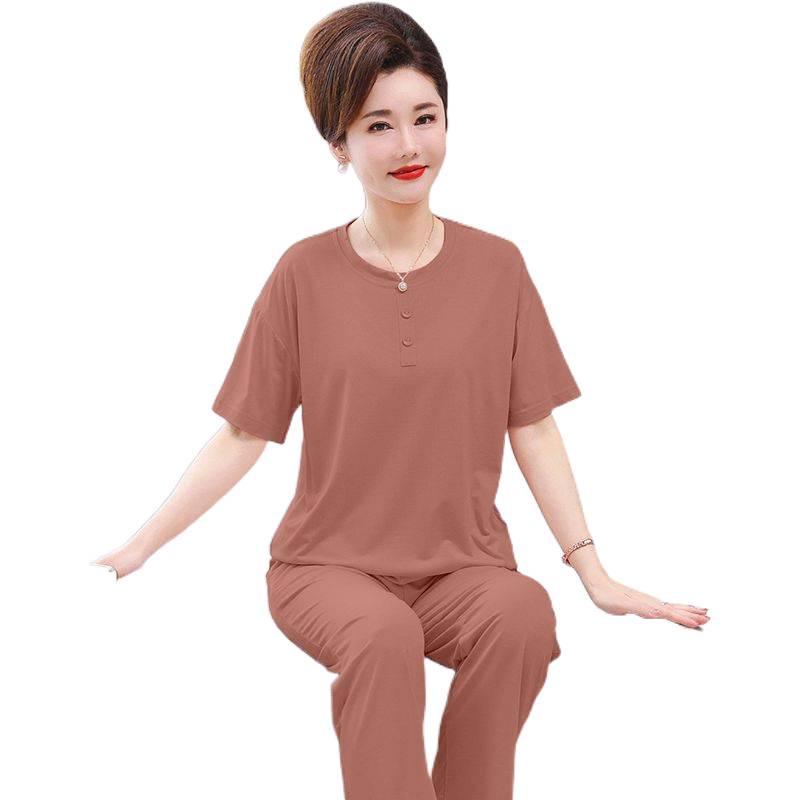 Ensemble pyjama en modal pour femme: Ensemble Haut Manches Courtes et Pantalon Long, Tenue d'Été Légère pour Femmes d'Âge Moyen et Tailles Fortes