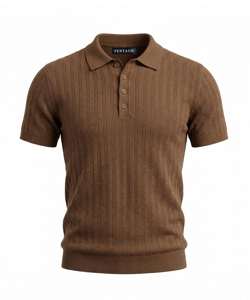 Pentaon Polo Collared Button Ribbed Short Sleeve Knit T-Shirt