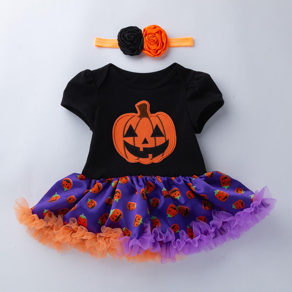 Dziewczęcy Zestaw Ubraniowy 2PC Sukienka z Krótkim Rękawem i Nadrukiem Dyni oraz Spódniczka Tiulowa z Opaską na Głowę Strój na Halloween