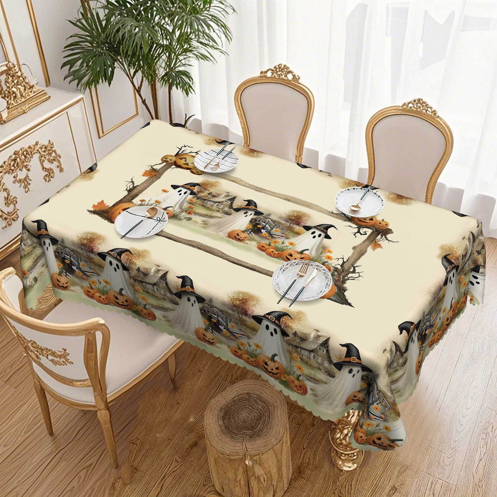 

Halloween Pumpkin Haunted House Themed Tablecloth, Table Party Decorative Cloth Pastoral Atmosphere Decorative Tablecloth Round tablecloth-152x152cm