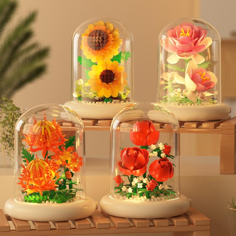 City Creativity Potted Plant Tulip Lily Gardenia Rose Micro Building Blocks Bricks Model Home Decoration Toy For Kids