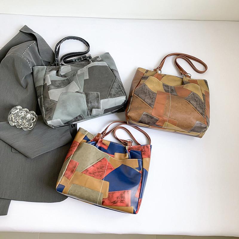 Patchwork PU Leather Casual Tote Bags For Women Large Capacity Commuting Shoulder Bag Ladies Handbags For Travel Shopping