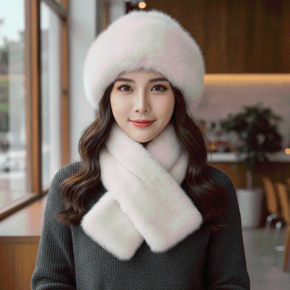 Windproof Cossack Hat Set Thickened Fluffy Winter Bonnet Faux Mink Headwear Women