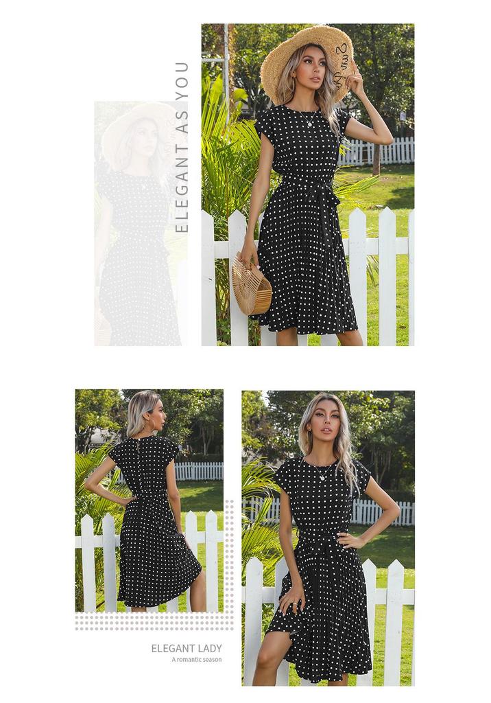 European & American Summer Polka Dot Mid-length Retro Dress with Tie-Up Pleated Short Sleeves