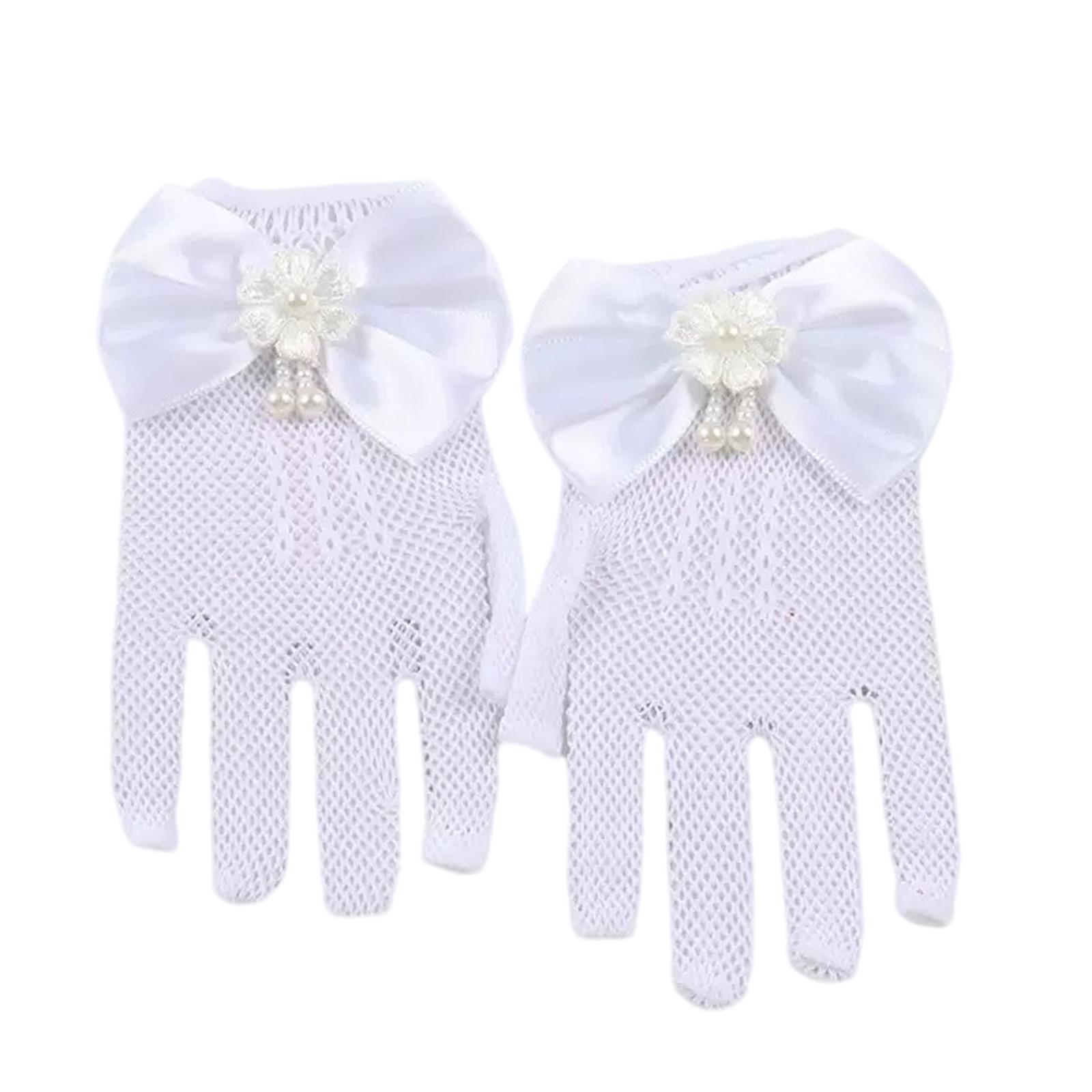 

Сетчатые перчатки с бантиком для маленькой девочки. Отлично подходят для дня рождения, фотосессии, детского танцевального шоу, в качестве аксессуара для переодевания. белый